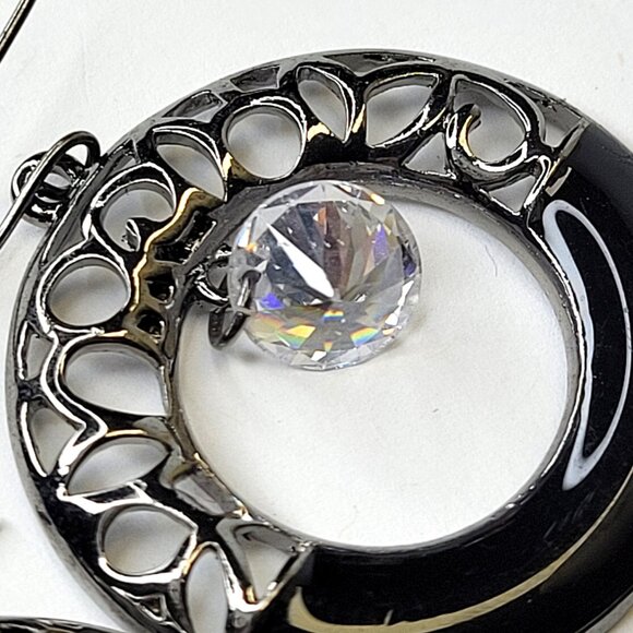 Black Filigree Round Earrings Black and Silver tone Dangle Earrings - Picture 7 of 11